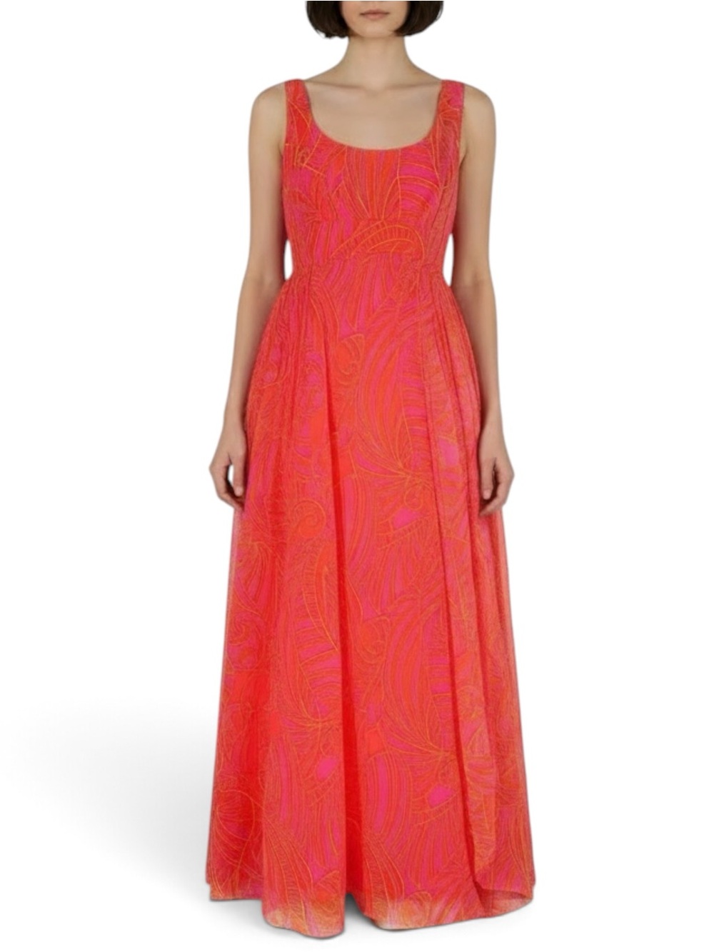 Vintage 60s Pavilion for I. Magnin Bright Pink Orange Patterned Maxi Gown